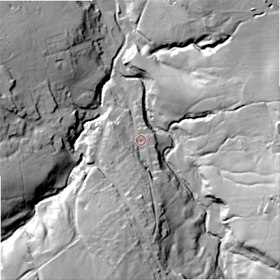Shaded relief map of the ground around BB88TD, computed from Environment Agency LiDAR. The ground here sits at about 189 m above sea level and falls 55 m across the surrounding 800 m. Surface water reaching this point runs off ground lying to the south-south-west, 17.2 m higher.
