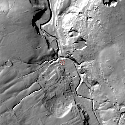 Shaded relief map of the ground around BB88TE, computed from Environment Agency LiDAR. The ground here sits at about 167 m above sea level and falls 71 m across the surrounding 800 m. Surface water reaching this point runs off ground lying to the south-west, 56.4 m higher.