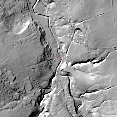 Shaded relief map of the ground around BB88TF, computed from Environment Agency LiDAR. The ground here sits at about 176 m above sea level and falls 51 m across the surrounding 800 m. Surface water reaching this point runs off ground lying to the west-south-west, 45.0 m higher.