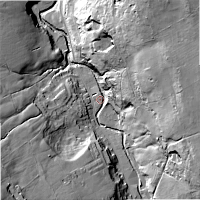 Shaded relief map of the ground around BB88TG, computed from Environment Agency LiDAR. The ground here sits at about 171 m above sea level and falls 68 m across the surrounding 800 m. Surface water reaching this point runs off ground lying to the south-west, 57.7 m higher.