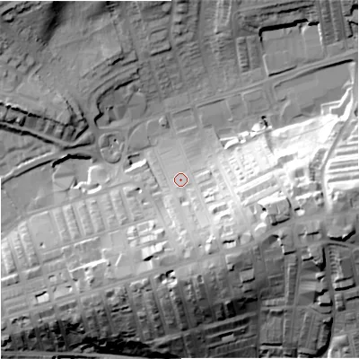 Shaded relief map of the ground around BB89AE, computed from Environment Agency LiDAR. The ground here sits at about 163 m above sea level and falls 55 m across the surrounding 800 m. Surface water reaching this point runs off ground lying to the south-south-east, 19.7 m higher.