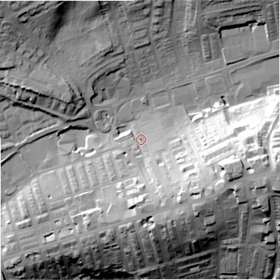 Shaded relief map of the ground around BB89AF, computed from Environment Agency LiDAR. The ground here sits at about 161 m above sea level and falls 51 m across the surrounding 800 m. Surface water reaching this point runs off ground lying to the south-east, 25.3 m higher.