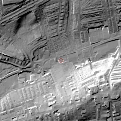 Shaded relief map of the ground around BB89AG, computed from Environment Agency LiDAR. The ground here sits at about 157 m above sea level and falls 42 m across the surrounding 800 m. Surface water reaching this point runs off ground lying to the east-south-east, 37.1 m higher.