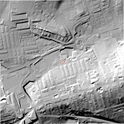 Shaded relief map of the ground around BB89AQ, computed from Environment Agency LiDAR. The ground here sits at about 156 m above sea level and falls 51 m across the surrounding 800 m. Surface water reaching this point runs off ground lying to the south-east, 14.5 m higher.