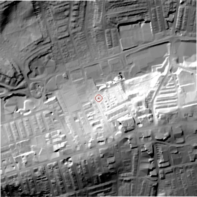 Shaded relief map of the ground around BB89BY, computed from Environment Agency LiDAR. The ground here sits at about 164 m above sea level and falls 47 m across the surrounding 800 m. Surface water reaching this point runs off ground lying to the south-east, 29.8 m higher.