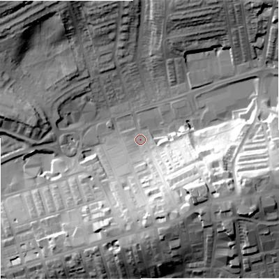 Shaded relief map of the ground around BB89DA, computed from Environment Agency LiDAR. The ground here sits at about 158 m above sea level and falls 42 m across the surrounding 800 m. Surface water reaching this point runs off ground lying to the east-south-east, 37.1 m higher.
