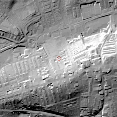 Shaded relief map of the ground around BB89DD, computed from Environment Agency LiDAR. The ground here sits at about 168 m above sea level and falls 61 m across the surrounding 800 m. Surface water reaching this point runs off ground lying to the east-south-east, 25.5 m higher.