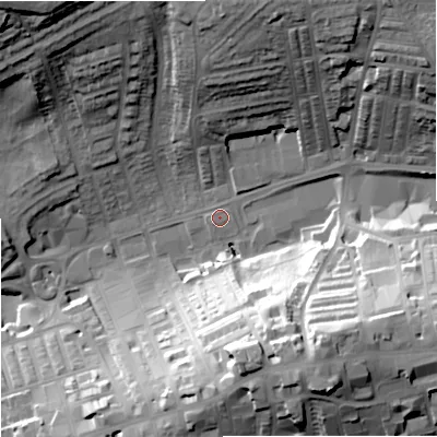 Shaded relief map of the ground around BB89HH, computed from Environment Agency LiDAR. The ground here sits at about 159 m above sea level and falls 42 m across the surrounding 800 m. Surface water reaching this point runs off ground lying to the north-north-east, 30.2 m higher.