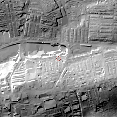 Shaded relief map of the ground around BB89JH, computed from Environment Agency LiDAR. The ground here sits at about 172 m above sea level and falls 36 m across the surrounding 800 m. Surface water reaching this point runs off ground lying to the south-south-west, 20.7 m higher.