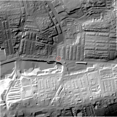 Shaded relief map of the ground around BB89LH, computed from Environment Agency LiDAR. The ground here sits at about 170 m above sea level and falls 41 m across the surrounding 800 m. Surface water reaching this point runs off ground lying to the south-east, 23.6 m higher.