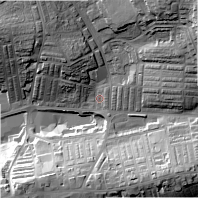 Shaded relief map of the ground around BB89LJ, computed from Environment Agency LiDAR. The ground here sits at about 171 m above sea level and falls 41 m across the surrounding 800 m. Surface water reaching this point runs off ground lying to the north-east, 29.9 m higher.