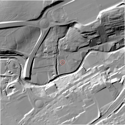Shaded relief map of the ground around BB89NL, computed from Environment Agency LiDAR. The ground here sits at about 129 m above sea level and falls 35 m across the surrounding 800 m. Surface water reaching this point runs off ground lying to the north-north-east, 20.5 m higher.