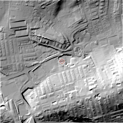 Shaded relief map of the ground around BB89NW, computed from Environment Agency LiDAR. The ground here sits at about 154 m above sea level and falls 43 m across the surrounding 800 m. Surface water reaching this point runs off ground lying to the south-east, 24.5 m higher.