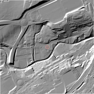 Shaded relief map of the ground around BB89PD, computed from Environment Agency LiDAR. The ground here sits at about 130 m above sea level and falls 35 m across the surrounding 800 m. Surface water reaching this point runs off ground lying to the north-east, 25.9 m higher.