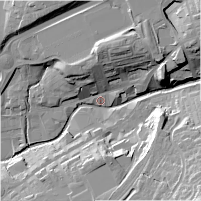 Shaded relief map of the ground around BB89PE, computed from Environment Agency LiDAR. The ground here sits at about 131 m above sea level and falls 45 m across the surrounding 800 m. Surface water reaching this point runs off ground lying to the north-north-east, 24.1 m higher.