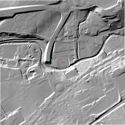 Shaded relief map of the ground around BB89PQ, computed from Environment Agency LiDAR. The ground here sits at about 127 m above sea level and falls 39 m across the surrounding 800 m. Surface water reaching this point runs off ground lying to the north-east, 28.3 m higher.