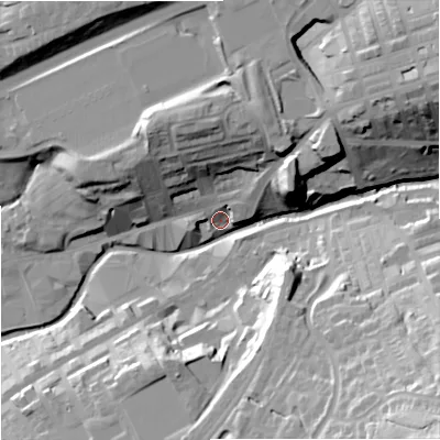 Shaded relief map of the ground around BB89PW, computed from Environment Agency LiDAR. The ground here sits at about 132 m above sea level and falls 53 m across the surrounding 800 m. Surface water reaching this point runs off ground lying to the north, 25.3 m higher.