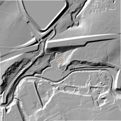 Shaded relief map of the ground around BB89QU, computed from Environment Agency LiDAR. The ground here sits at about 126 m above sea level and falls 25 m across the surrounding 800 m. Surface water reaching this point runs off ground lying to the north-east, 19.1 m higher.