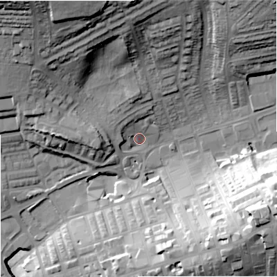 Shaded relief map of the ground around BB89RG, computed from Environment Agency LiDAR. The ground here sits at about 158 m above sea level and falls 47 m across the surrounding 800 m. Surface water reaching this point runs off ground lying to the north-west, 34.9 m higher.