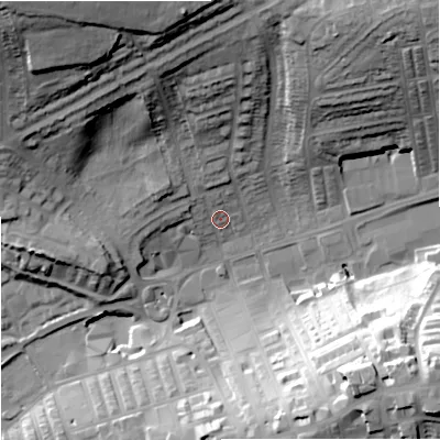 Shaded relief map of the ground around BB89RH, computed from Environment Agency LiDAR. The ground here sits at about 160 m above sea level and falls 46 m across the surrounding 800 m. Surface water reaching this point runs off ground lying to the north-north-west, 7.1 m higher.
