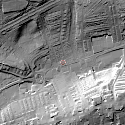 Shaded relief map of the ground around BB89RL, computed from Environment Agency LiDAR. The ground here sits at about 158 m above sea level and falls 42 m across the surrounding 800 m. Surface water reaching this point runs off ground lying to the north-west, 37.2 m higher.
