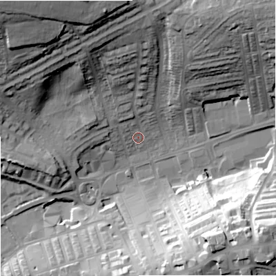 Shaded relief map of the ground around BB89RN, computed from Environment Agency LiDAR. The ground here sits at about 160 m above sea level and falls 46 m across the surrounding 800 m. Surface water reaching this point runs off ground lying to the north, 25.0 m higher.
