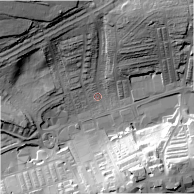 Shaded relief map of the ground around BB89RW, computed from Environment Agency LiDAR. The ground here sits at about 159 m above sea level and falls 45 m across the surrounding 800 m. Surface water reaching this point runs off ground lying to the north-north-east, 27.5 m higher.