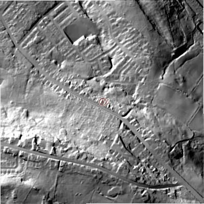 Shaded relief map of the ground around BB90EW, computed from Environment Agency LiDAR. The ground here sits at about 233 m above sea level and falls 109 m across the surrounding 800 m. Surface water reaching this point runs off ground lying to the south-south-east, 40.3 m higher.