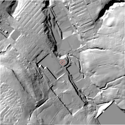 Shaded relief map of the ground around BB90HQ, computed from Environment Agency LiDAR. The ground here sits at about 165 m above sea level and falls 75 m across the surrounding 800 m. Surface water reaching this point runs off ground lying to the west-north-west, 1.6 m higher.