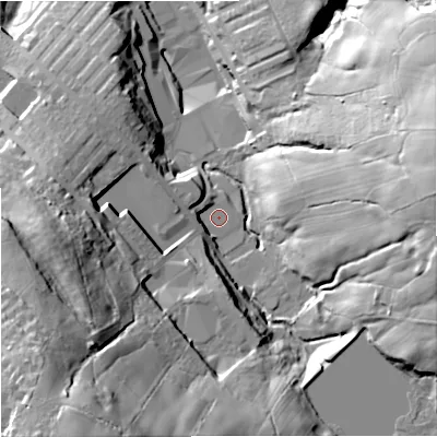 Shaded relief map of the ground around BB90HU, computed from Environment Agency LiDAR. The ground here sits at about 159 m above sea level and falls 75 m across the surrounding 800 m. Surface water reaching this point runs off ground lying to the south-west, 65.5 m higher.