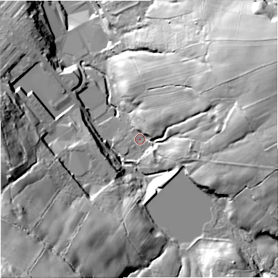 Shaded relief map of the ground around BB90HZ, computed from Environment Agency LiDAR. The ground here sits at about 161 m above sea level and falls 85 m across the surrounding 800 m. Surface water reaching this point runs off ground lying to the east-north-east, 54.3 m higher.