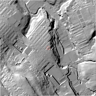 Shaded relief map of the ground around BB90JN, computed from Environment Agency LiDAR. The ground here sits at about 169 m above sea level and falls 67 m across the surrounding 800 m. Surface water reaching this point runs off ground lying to the north-north-east, 1.3 m higher.