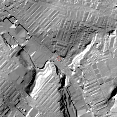 Shaded relief map of the ground around BB90JZ, computed from Environment Agency LiDAR. The ground here sits at about 149 m above sea level and falls 47 m across the surrounding 800 m. Surface water reaching this point runs off ground lying to the east, 37.6 m higher.