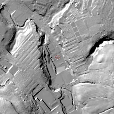 Shaded relief map of the ground around BB90LD, computed from Environment Agency LiDAR. The ground here sits at about 153 m above sea level and falls 62 m across the surrounding 800 m. Surface water reaching this point runs off ground lying to the south-west, 48.1 m higher.