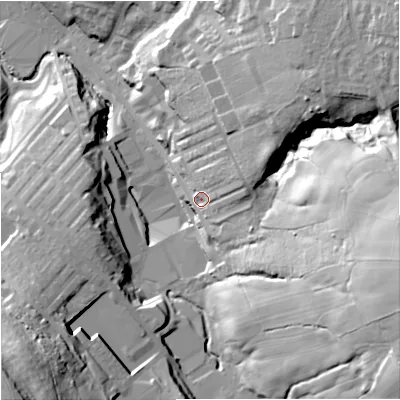Shaded relief map of the ground around BB90LP, computed from Environment Agency LiDAR. The ground here sits at about 162 m above sea level and falls 64 m across the surrounding 800 m. Surface water reaching this point runs off ground lying to the east, 44.6 m higher.