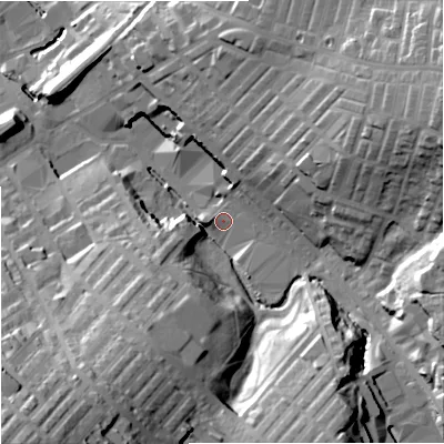 Shaded relief map of the ground around BB90TA, computed from Environment Agency LiDAR. The ground here sits at about 143 m above sea level and falls 56 m across the surrounding 800 m. Surface water reaching this point runs off ground lying to the east-north-east, 33.8 m higher.