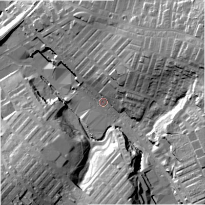 Shaded relief map of the ground around BB90TB, computed from Environment Agency LiDAR. The ground here sits at about 147 m above sea level and falls 50 m across the surrounding 800 m. Surface water reaching this point runs off ground lying to the north-east, 18.4 m higher.