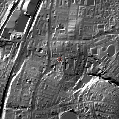 Shaded relief map of the ground around BB95AL, computed from Environment Agency LiDAR. The ground here sits at about 163 m above sea level and falls 85 m across the surrounding 800 m. Surface water reaching this point runs off ground lying to the east-north-east, 9.1 m higher.