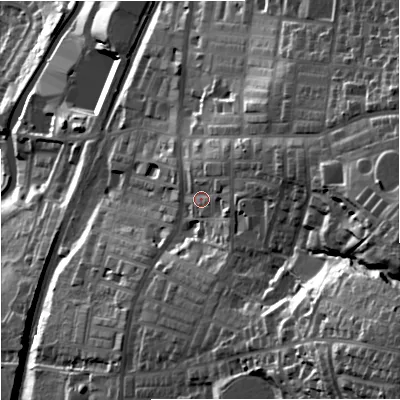 Shaded relief map of the ground around BB95AP, computed from Environment Agency LiDAR. The ground here sits at about 160 m above sea level and falls 86 m across the surrounding 800 m. Surface water reaching this point runs off ground lying to the east-north-east, 12.5 m higher.
