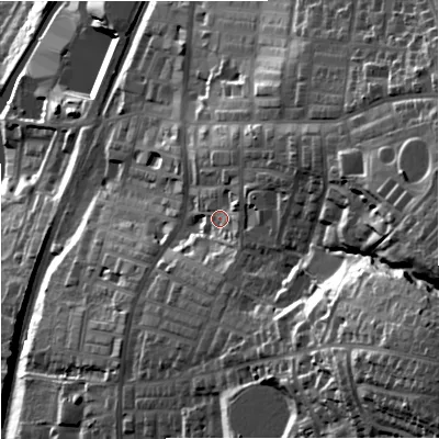 Shaded relief map of the ground around BB95AR, computed from Environment Agency LiDAR. The ground here sits at about 162 m above sea level and falls 84 m across the surrounding 800 m. Surface water reaching this point runs off ground lying to the east-north-east, 22.4 m higher.