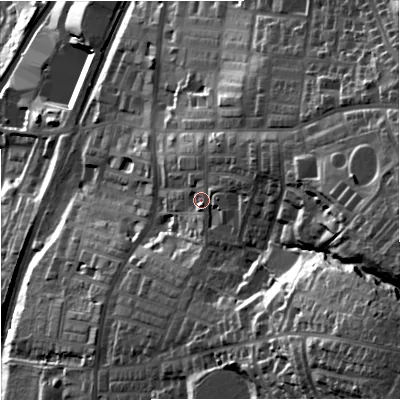 Shaded relief map of the ground around BB95AW, computed from Environment Agency LiDAR. The ground here sits at about 164 m above sea level and falls 84 m across the surrounding 800 m. Surface water reaching this point runs off ground lying to the east-north-east, 9.4 m higher.