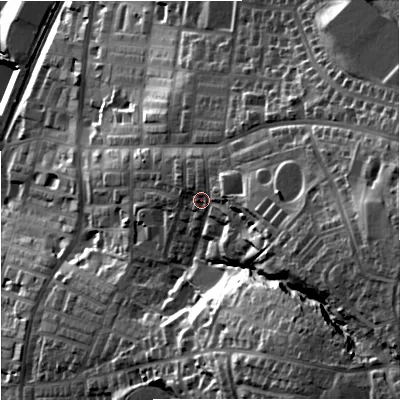 Shaded relief map of the ground around BB95BE, computed from Environment Agency LiDAR. The ground here sits at about 174 m above sea level and falls 73 m across the surrounding 800 m. Surface water reaching this point runs off ground lying to the east-south-east, 13.6 m higher.