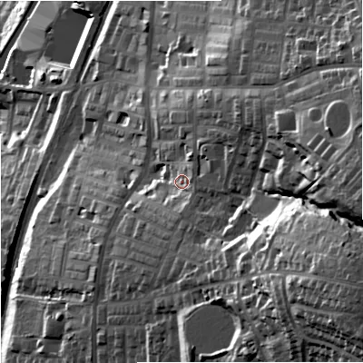Shaded relief map of the ground around BB95EA, computed from Environment Agency LiDAR. The ground here sits at about 163 m above sea level and falls 83 m across the surrounding 800 m. Surface water reaching this point runs off ground lying to the east-south-east, 41.5 m higher.