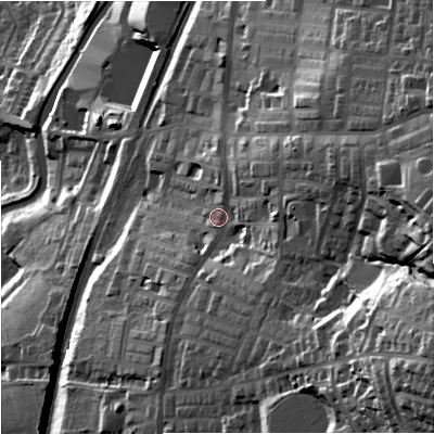 Shaded relief map of the ground around BB95HX, computed from Environment Agency LiDAR. The ground here sits at about 155 m above sea level and falls 85 m across the surrounding 800 m. Surface water reaching this point runs off ground lying to the east-south-east, 42.6 m higher.