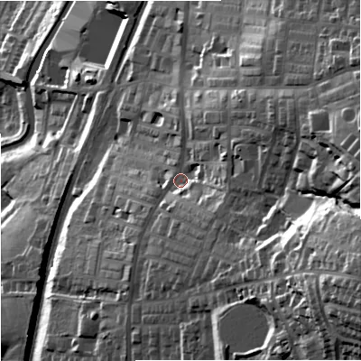 Shaded relief map of the ground around BB95HY, computed from Environment Agency LiDAR. The ground here sits at about 156 m above sea level and falls 83 m across the surrounding 800 m. Surface water reaching this point runs off ground lying to the east-south-east, 42.0 m higher.