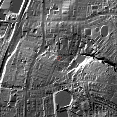 Shaded relief map of the ground around BB95JA, computed from Environment Agency LiDAR. The ground here sits at about 167 m above sea level and falls 76 m across the surrounding 800 m. Surface water reaching this point runs off ground lying to the east-south-east, 34.5 m higher.
