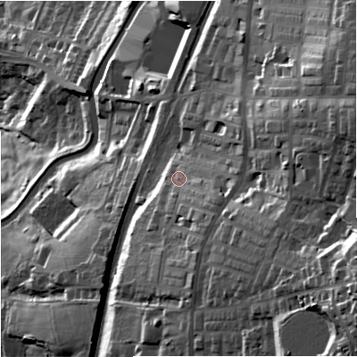 Shaded relief map of the ground around BB95LE, computed from Environment Agency LiDAR. The ground here sits at about 149 m above sea level and falls 77 m across the surrounding 800 m. Surface water reaching this point runs off ground lying to the east-south-east, 35.5 m higher.