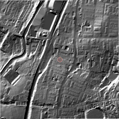 Shaded relief map of the ground around BB95LH, computed from Environment Agency LiDAR. The ground here sits at about 148 m above sea level and falls 82 m across the surrounding 800 m. Surface water reaching this point runs off ground lying to the east-south-east, 41.3 m higher.