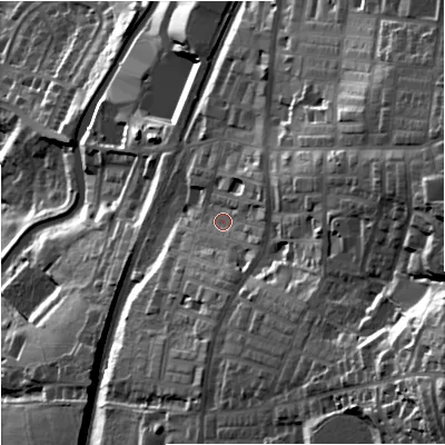 Shaded relief map of the ground around BB95LJ, computed from Environment Agency LiDAR. The ground here sits at about 148 m above sea level and falls 84 m across the surrounding 800 m. Surface water reaching this point runs off ground lying to the east-south-east, 43.1 m higher.