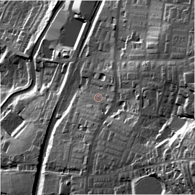 Shaded relief map of the ground around BB95LQ, computed from Environment Agency LiDAR. The ground here sits at about 150 m above sea level and falls 84 m across the surrounding 800 m. Surface water reaching this point runs off ground lying to the east-south-east, 43.0 m higher.